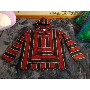 authentic vintage Mexican baja hoodie medium red and black woven blanket hoodie